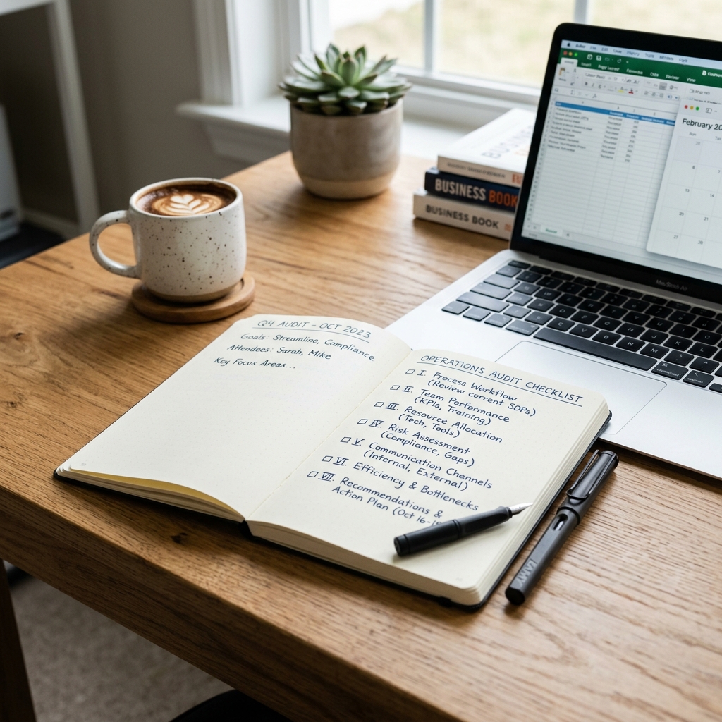 B2B operations manager auditing workflows with checklist planner notebook